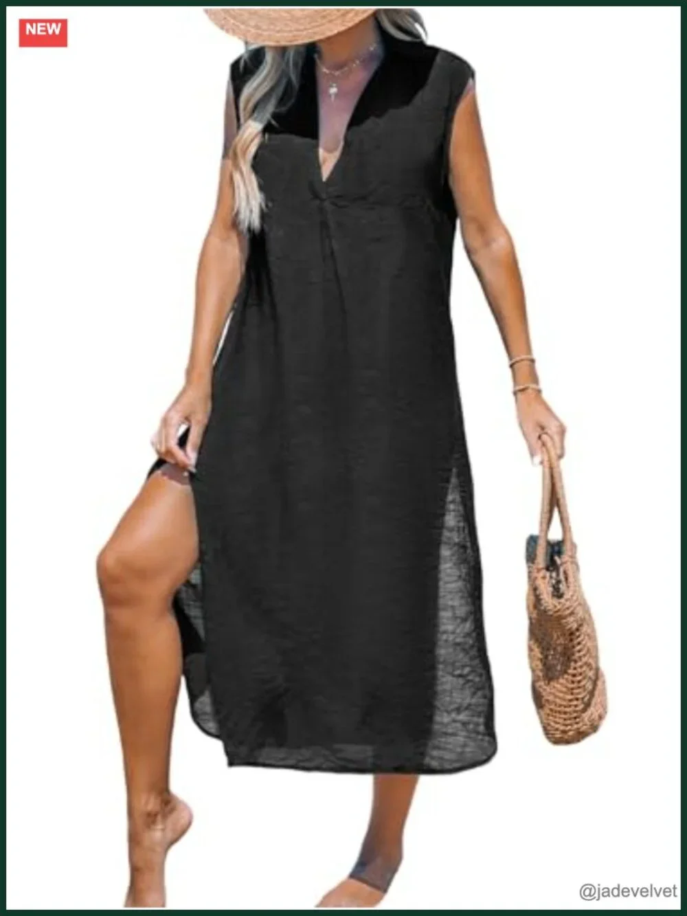 Sleeveless V Neck Midi Beach Dress with Side Split